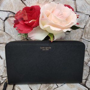 kate spade Black Zip Around Saffiano Leather Wallet with Gold Logo